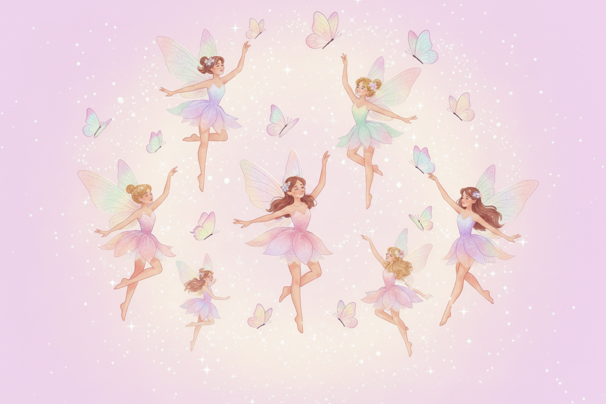 Illustrations of fairies on a pink background with 'Fairy Quilt Scoops' text.